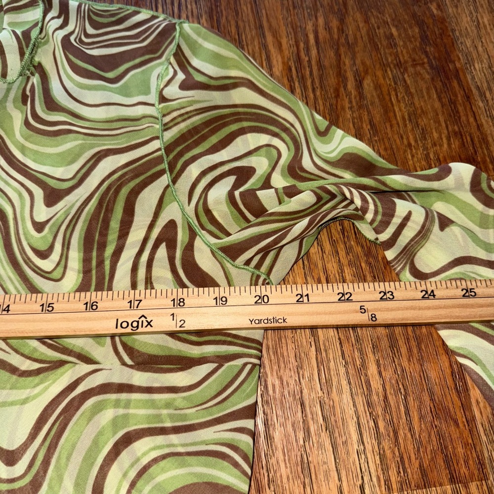 H&M Crop Top Blouse Long Sleeve Tie Front Green Brown Swirl Mesh L Forest Fairy - Picture 6 of 8
